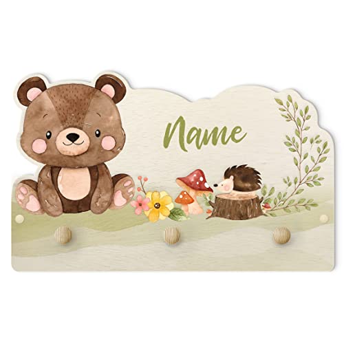 Kindergarderobe Holz mit Wunschtext - Aquarell Waldtier Bär mit...
