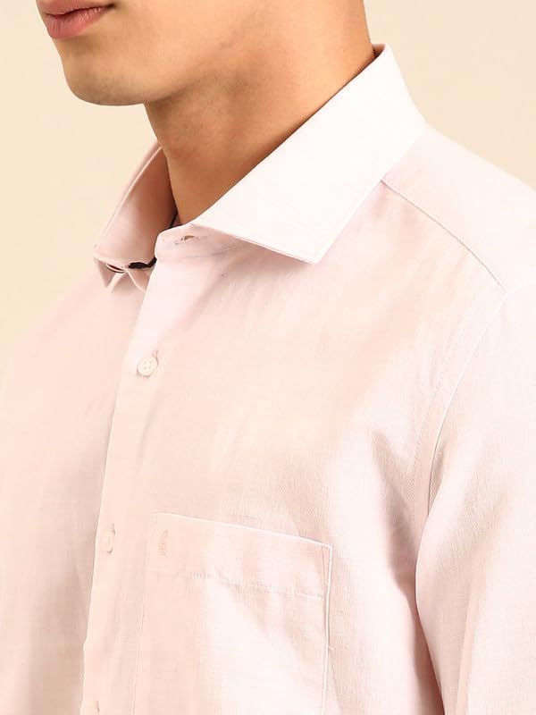 Image of Cavallo by Linen Club Men's Blended Linen Blue Solid Contemporary Fit Full Sleeve Casual Shirt