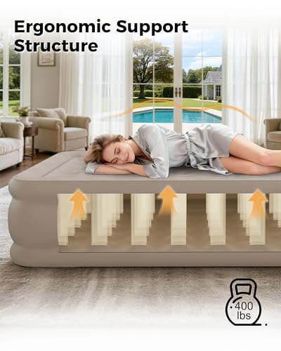Image of Twin Air Mattress with Built in Pump, Single Blow up Air Bed with Portable Storage Bag, Suitable for Home and Guests, Top Flocking, 18 inch Twin Khaki