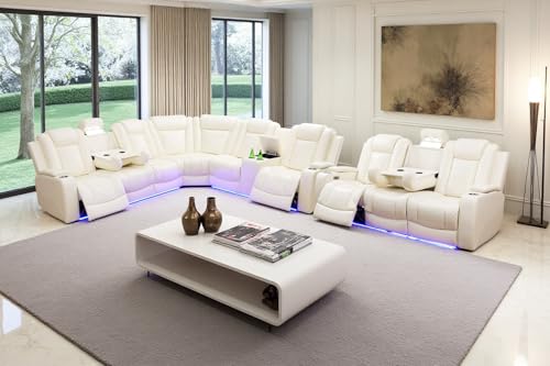 Image of Power Recliner Sectional Sofa Set with LED Lights, Living Room Furniture Sets, L Shaped Reclining Sectional Couch and 3 Seats Sofa,Leather Couch with Coffee Table /Storage for Living Room