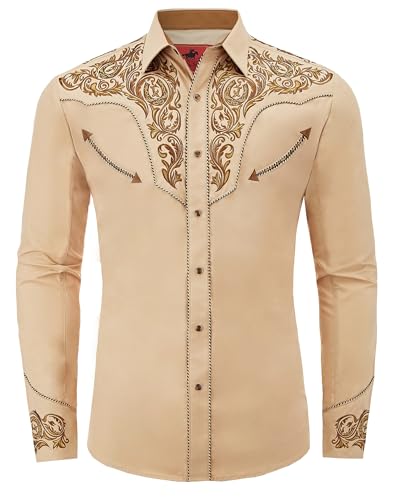 DIFICIL SLOG Men's Western Cowboy Shirt Embroidered Long Sleeve Casual Button Down Shirt Khaki