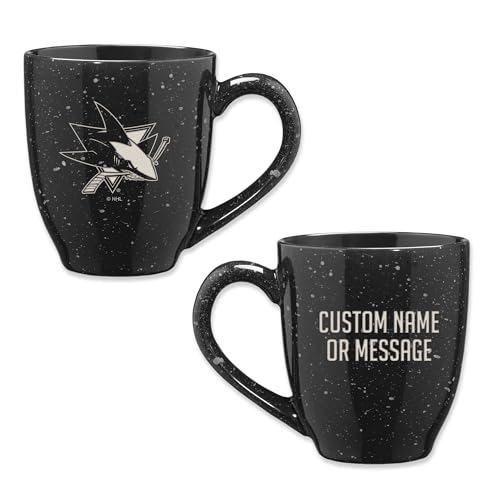 Image of Rico Industries NHL Hockey San Jose Sharks Black Personalized 16 oz Team Color Laser Engraved Speckled Ceramic Coffee Mug