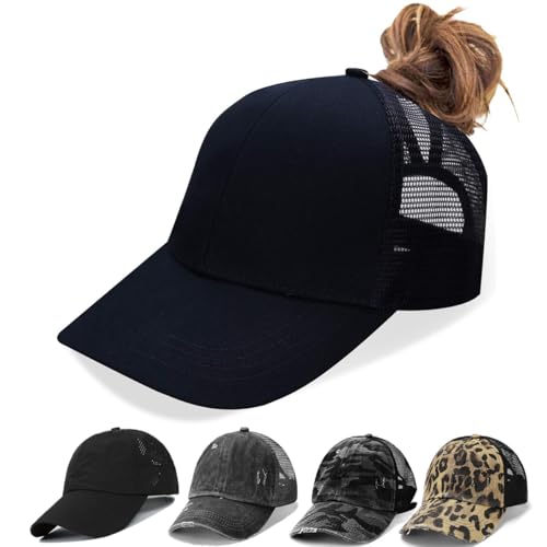 Criss Cross Hat Washed Distressed Baseball Cap Ponytail Hat High Messy Bun Ponycap for Women (BlackMesh)