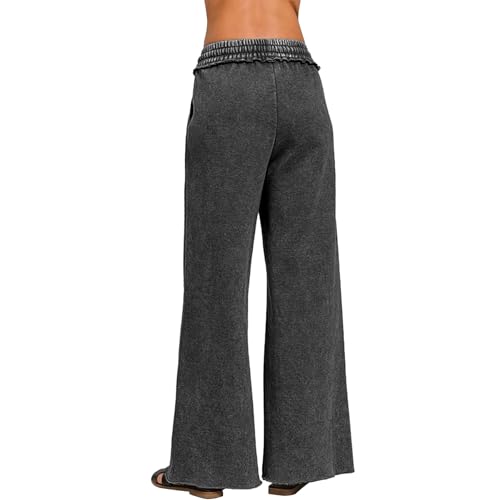 Ainangua Women Acid Wash Palazzo Sweatpants Casual High Waist Drawstring Wide Leg Pants Baggy Fleece Trousers with Pockets2