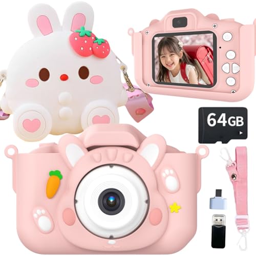 【64GB付 ポシェットセット】ウサギ キッズカメラ トイ 子供用 国内サポート 4800万画素 1080P HD 日本語説明書 ゲーム機能 クリスマス プレゼント 女の子 ピンク popoma