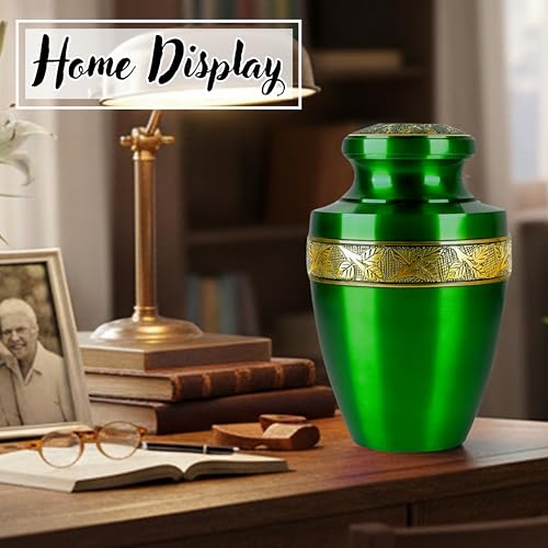 Image of ALPHA Living HOME Cremation Urns for Human Ashes Adult - Handcrafted Metal Memorial Urn with Tree Engraving & Velvet Carry Bag, Decorative Funeral Burial Urn with Secure Screw Lid (Green & Gold)