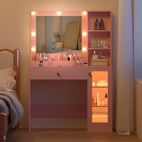 Image of BORNOON Small Vanity Desk with Mirror and Lights, Makeup Vanity Desk with Adjustable Brightness 3 Light Modes, RGB Storage Cabinet, Power Outlet, Drawer, Shelves
