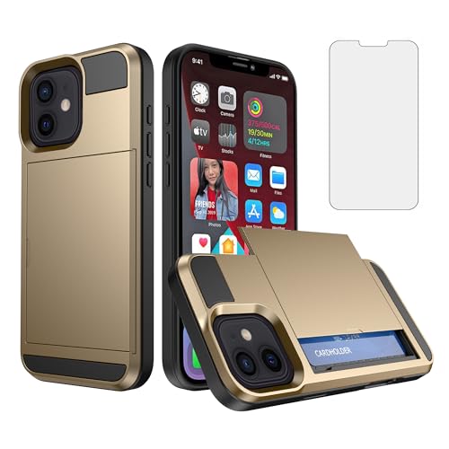 Coque iPhone 12 Mini antichoc haut de gamme dorée avec étui carte et protection écran incluse