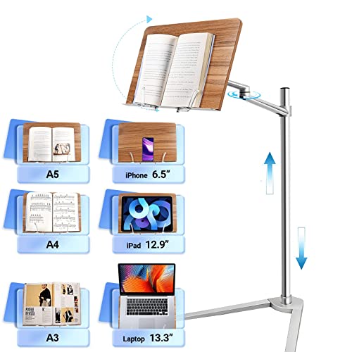 Shikha Book Stand for Reading, Hands-Free Holder for Laptop Phone Tablet with Wooden Pad, Rotated and Liftted Metal Support, 2 Spring Clips.