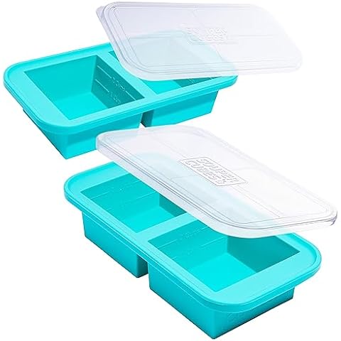 Souper Cubes 2 Cup Silicone Freezer Molds With Lids - Easy Meal Prep Container - Silicone Freezer Trays With Lid for Food, Stocks and More, Silicone Soup Freezer Molds - Aqua - 2-Pack Cover