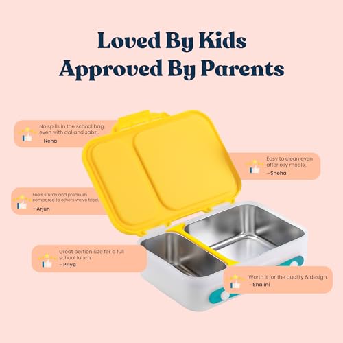 Image of rabitat Munchbee Pro Personalized Stainless Steel Kids Lunch Box 850ml- Food-Grade Steel Bento Tiffin | 2-Year Brand Warranty | Spill-Proof Flick-Lock | 3 Compartments, BPA-Free, School-Safe | Spunky