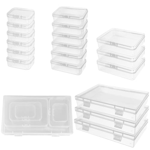 24-Pack Small Clear Plastic Storage Box with Hinged Lids – Assorted Stackable Box Set for Crafts, Beads & Jewelry – Portable Organizers for Drawers & Travel (4 Sizes) 24 Pcs Storage Box