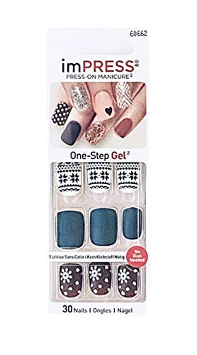 Kiss imPress Press-On Manicure Matte Navy Blue, Burgundy and White Nails 60662 Shimmer (Snowflakes)