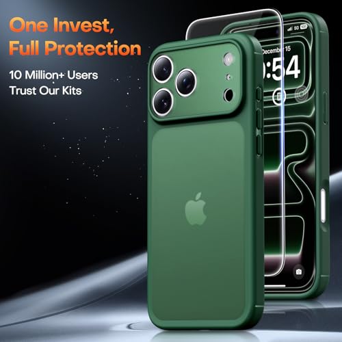Image of TAURI for iPhone 17 Pro Max Case, with Screen Protector, Matte Green | Full Camera Protection, Anti-Yellowing Military-Grade Protection Shockproof Slim Phone Case for iPhone 17 ProMax