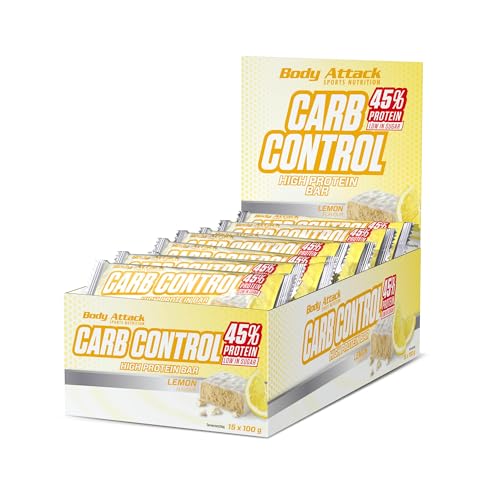 Body Attack Carb Control Lemon - 15 x 100 g Riegel - Fitness Protein Riegel mit mehr als 45% Eiweiß aus Milch- und Molkenisolat - Mit Vitamin B1, B2, B6, B12, Folsäure & Niacin - zuckerarm