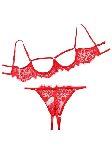 Image of Lilosy Sexy Underwire Floral Lace Sheer Lingerie Set for Women See Through Bra and Panty 2 Piece