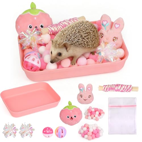 fooind Hedgehog Accessories Dig-Box Tray for Hedgehog Cage with Ball Toy Small Animal Accessories Funny Dig-Box Tray Toys for Hedgehogs Ball Bell Toy for Ferret Kitten Cat Hamster (Pink)