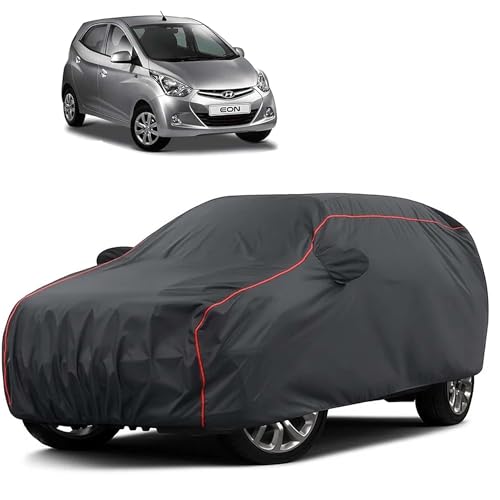 Image of Sulfar 100% Water Resistant Car Body Cover Compatible with Mirror for Hyundai Eon (Triple Stitched, Full Bottom Elastic, Dark Grey Taffeta with Red Piping)
