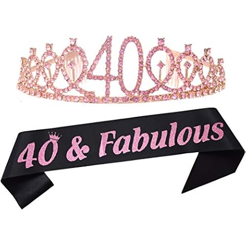 Dgasin Happy 40th Birthday Pink Tiara and Sash Supplies 40 & Fabulous Glitter Sash and Crystal Crown for 40th Birthday Party Decorations Favors Cover