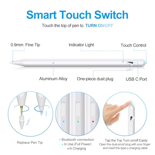 Image of Stylus Pen for iPad 2018-2026 with Palm Rejection, Apple Pencil for Pad11th /10th /9th /8th /7th /6th Gen, iPad Pro 11 /12.9 inch, New iPad Air 2026 11&13-inch(M3 /2) /5th /4th /3th Gen, iPad mini 6th /5th