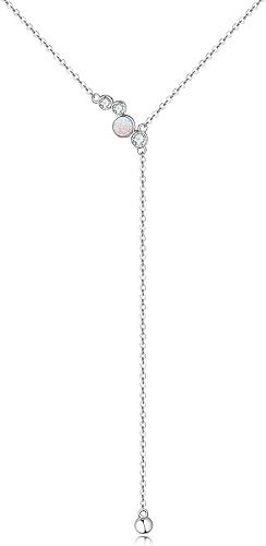 Sterling Silver Lariat Necklace for Women, Y Shape Long Drop Lab Created Opal Gemstone with 5A Cubic Zirconia Necklace White Gold Plated, Jewelry