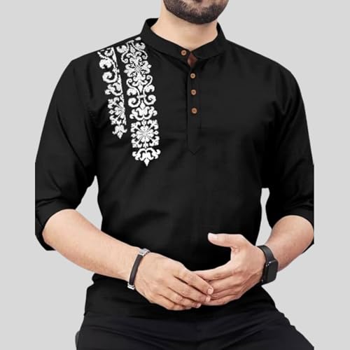 Image of FINIVO FASHION Men's Cotton Blend Kurta Style Shirt | Mandarin Collar Long Sleeve Casual Ethnic Shirt with Button Placket | Stylish Festival