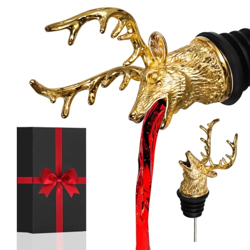 Image of HASTHIP Wine Pourer Red Wine Spout for Wine Bottle Golden Buck Deer Statue Wine Pourer Aerator Universal Wine Bottle Stopper Wine Accessories Gift