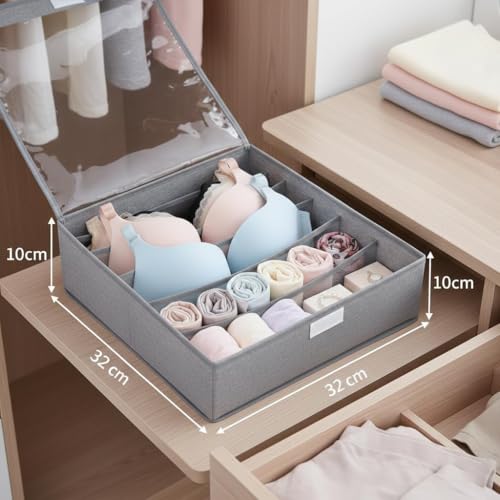 Image of House of Quirk 7 Slot Foldable Underwear and Bra Drawer Organizer, Closet, Dresser, Drawer, Organizer, Fabric Basket, Clothes, Bra, Underwear, Clothing, Divider (Grey)