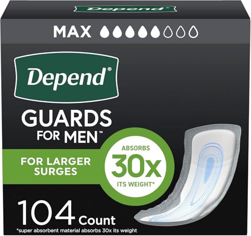 Depend Guards Incontinence Pads for Men, Maximum Absorbency, 104 Count (2 Packs of 52), Packaging May Vary