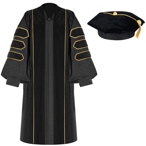 Image of Unisex Deluxe Doctoral Graduation Gown with 8 Sides Doctorate Tam | Gold Piping Doctoral Regalia for Graduation Ceremony Black-54