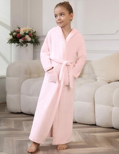 Image of Jxstar Girls Bathrobes Kids Long Hooded Robes Plush Full Length Coral Fleece Pajamas Sleepwear