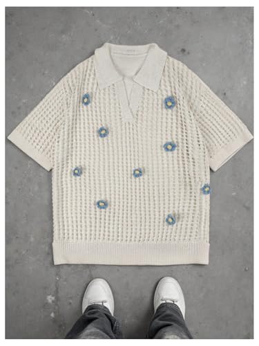 Men's Floral Appliques Crochet Tops Lapel V Neck Short Sleeve Knit Baggy Sweaters3