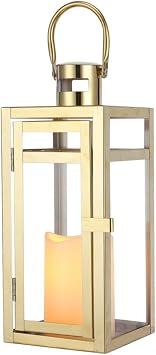 TRIROCKS Stainless Steel Decorative Lantern 12 High Metal Candle Holder Outdoor Candle Lantern with Tempered Panels for Christmas Home Decor Living Room Parties Events Tabletop Indoor Outdoor Gold