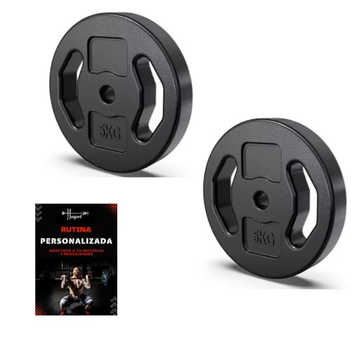 Discos pesas, pesas, 30mm, 2,5kg - 5kg - 10kg, ejercicios gimnasio en casa, barra gimnasio, mancuerna, rutina entrenamiento, guia entrenamiento personalizada (2 X 5 KG)