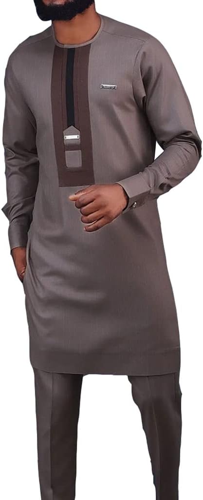 African Clothing for Men Jacket and Pants 2 Piece Outfits Tracksuit Set Suit Coats Trousers Long Sleeve Dashiki Outwear (Color : Brown, Size : Medium)