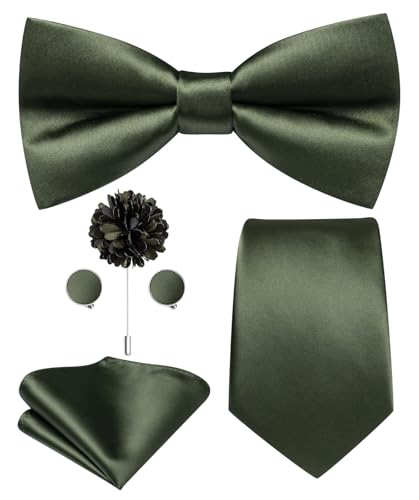 Image of Hi-Tie 5Pcs Mens Solid Color Silk Tie Satin Pretied Bowtie Lapel Pin for Men Handkerchief Cufflink Wedding Gift Box