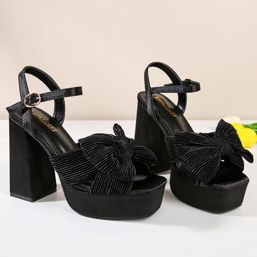 Image of KHPAERMEI Bow Knot Platform Heels for Women Chunky Heeled Sandals