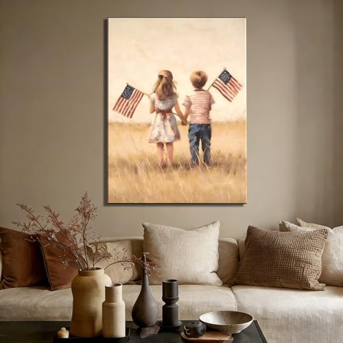 Image of Rustic Patriotic Kids Holding American Flags Wall Art, 4th of July Vintage Canvas Art, Independence Day Wall Decor, Small Framed Artwork for Kids Room, Office, Made in USA