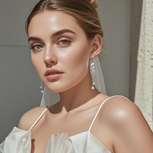 Long Pearl Dangle Earrings with Cubic Zirconia Hook Threader Earrings for Bride Bridesmaid Wedding Prom3
