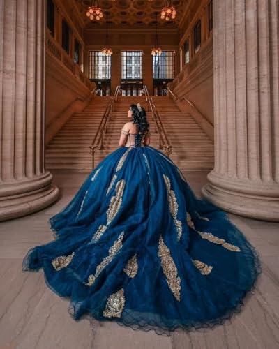 Youjiayi Gold Appliques Quinceanera Dresses with Train Puffy Tulle Beaded Sweet 16 Dress Off Shoulder Beaded Long Ball Gown2