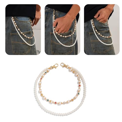 Fashionable Pearls and Floral Chain Belt Pants Chain for Women Men Elegant Design Enhances Outfit Versatility and Charm, 47cm/ 57cm, Metal, Imitation Pearls, Rhinestones, No Gemstone2