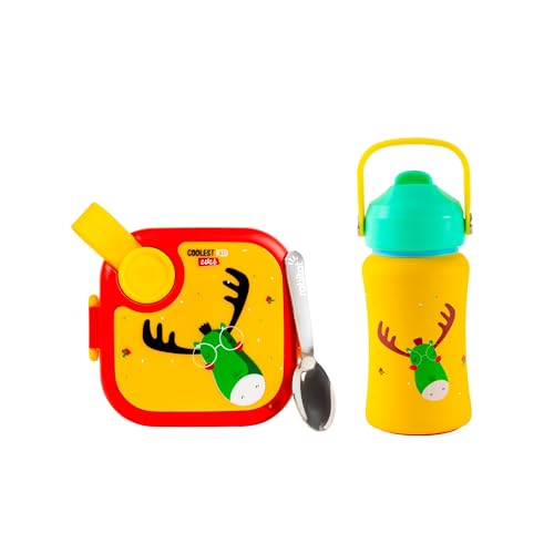 Image of rabitat Playdate Squad Combo Stainless Steel Lunchbox 500 ml and Water Bottle Sipper 350 ml | Gift Box for School Kids | Tiffin Box and Water Bottle for Boys and Girls