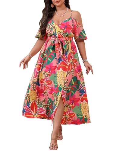 Image of Floerns Women's Plus Size Cold Shoulder Short Sleeve Split Thigh Long Dress