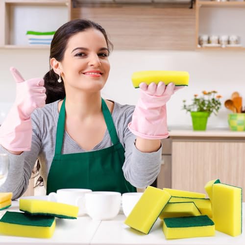 Image of Maxcheck 240 Pcs Individually Wrapped Sponge Dishwashing Sponge Bulk Non Scratch Scouring Pad Kitchen Scrub Sponges for Household Cleaning Rental Dishes Hotel Apartment Car (Yellow, Green)