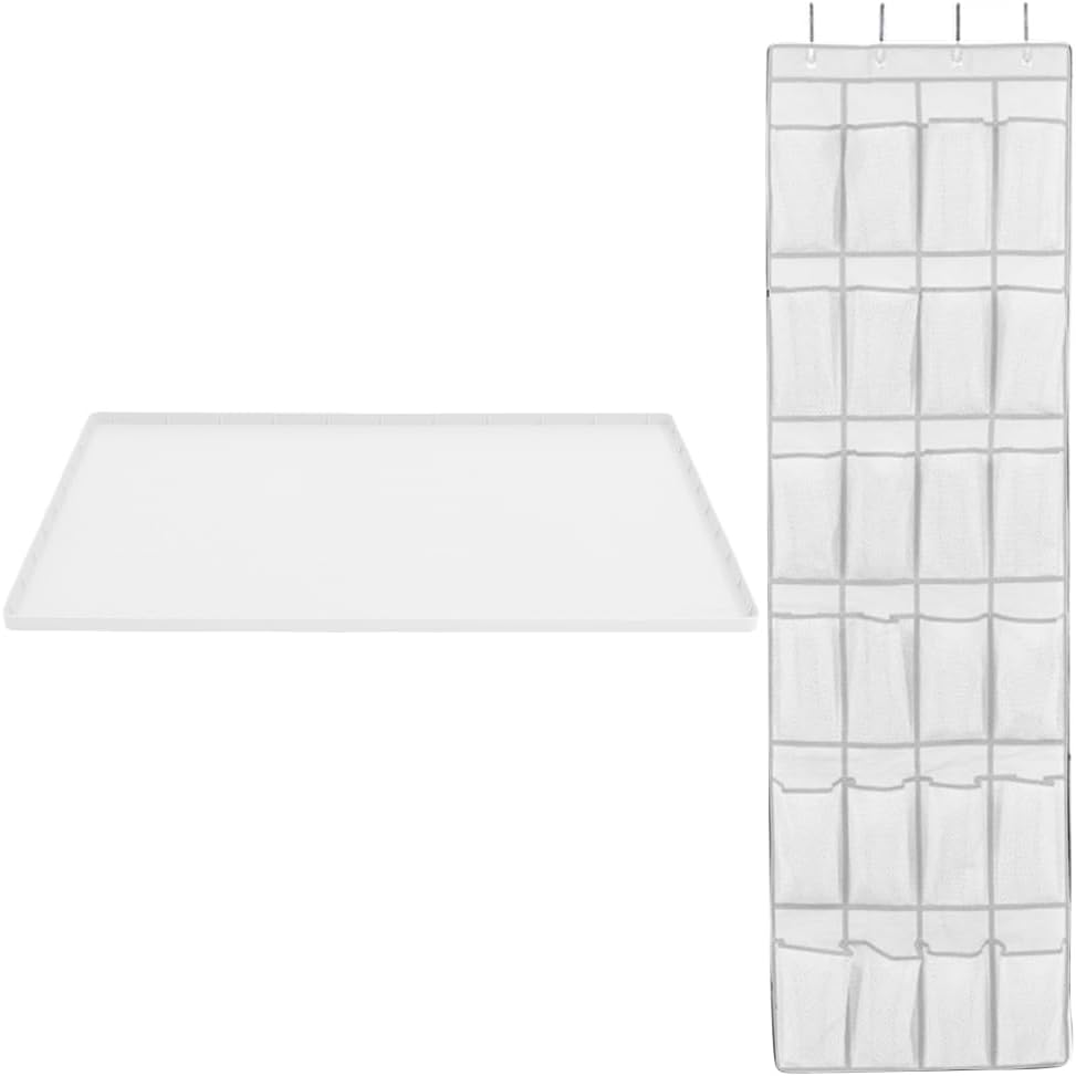 Gorilla Grip Silicone Under Sink Mat with Raised Lip and Over The Door Shoe Organizer, Mat Size 34x22, Waterproof, Organizer Size 24 Pockets, Space Saving, Both Color White, 2 Item Bundle