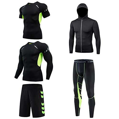 eiuEQIU 5pcs Trainingsanzüge Herren Schnelltrocknend Langarm Funktionsshirt Kurze T-Shirt Laufhose Sport Shorts Lang Tights Leggings Kompression Kapuzenjacken Fitnessanzug Set für Männer Cover