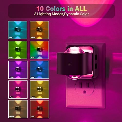 Image of JandCase Night Lights Plug into Wall,10-Colored Changing Night Light for Kids,180 Rotatable Plug RGB LED Nightlight with Dusk to Dawn Sensor for Halloween Decoration, Children Room,Party