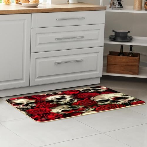 Alfombrillas de cocina VAPOKF evite resbalones con estas alfombras de calaveras y rosas 7