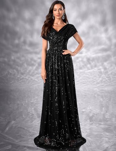 Image of Women's Sequin V-Neck Short Sleeve A-Line Evening Dress Elegant Evening Dresses Party Gowns