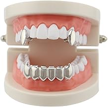 18k Gold Plated Vampire Dracula Teeth Grillz 2pc Single Fangs and 6 Bottom Grillz Set